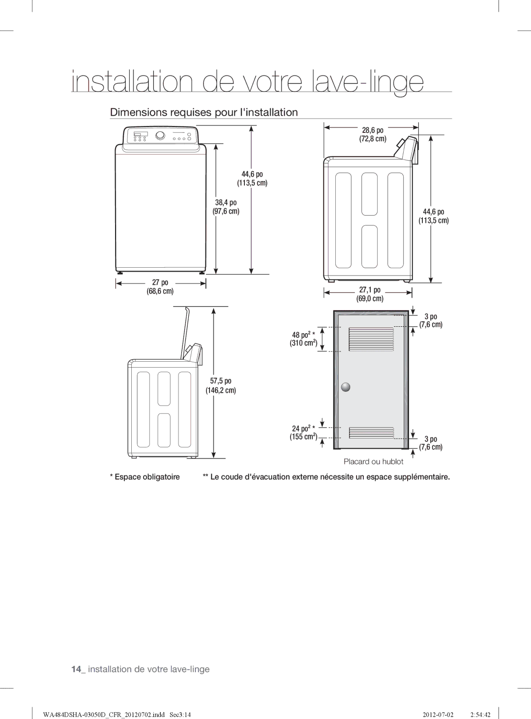 Samsung WA484DSHAWR, WA484DSHASU user manual Dimensions requises pour linstallation, Espace obligatoire 