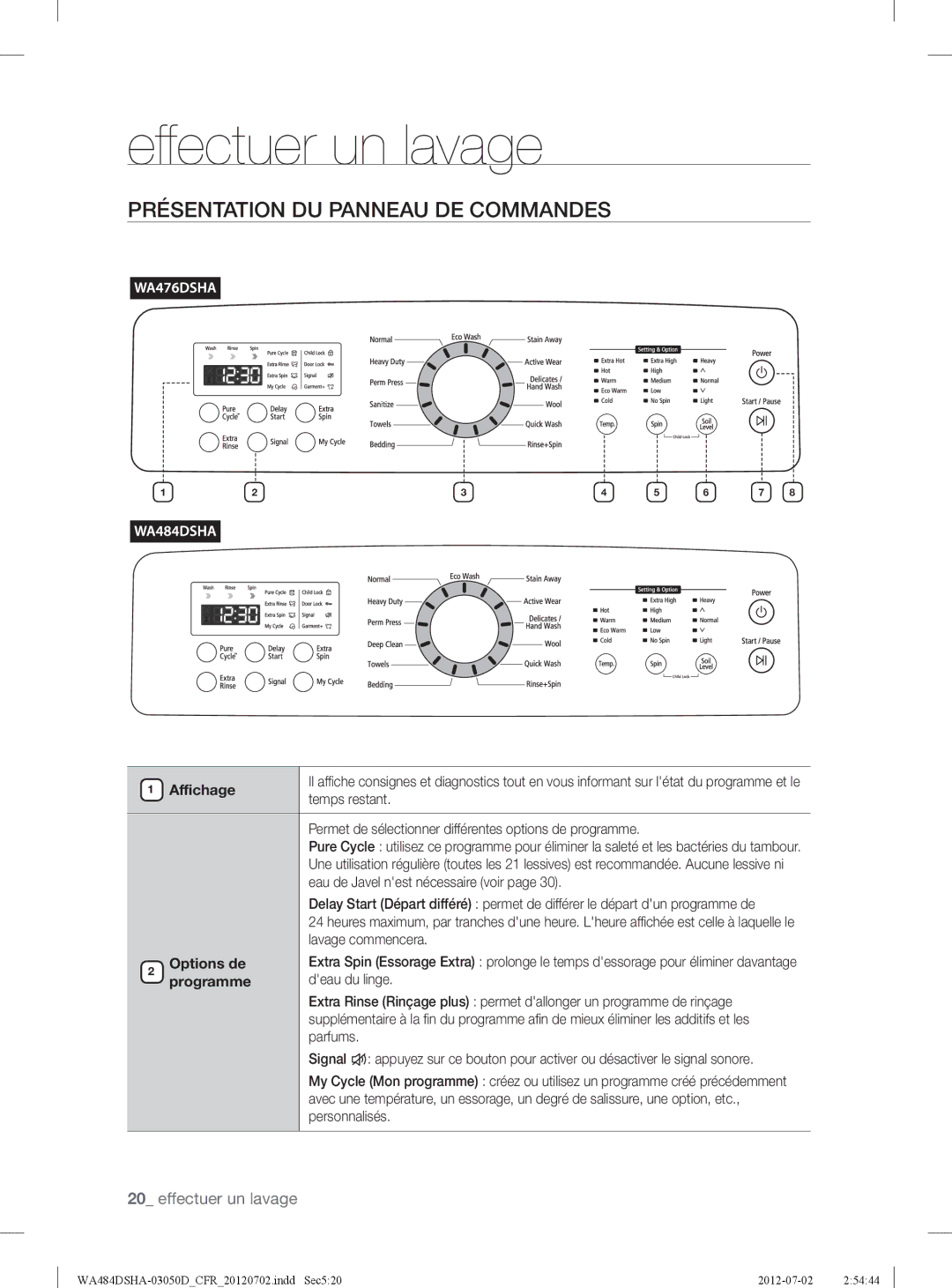 Samsung WA484DSHAWR Eff ectuer un lavage, Présentation DU Panneau DE Commandes, Affichage, Options de, Programme 