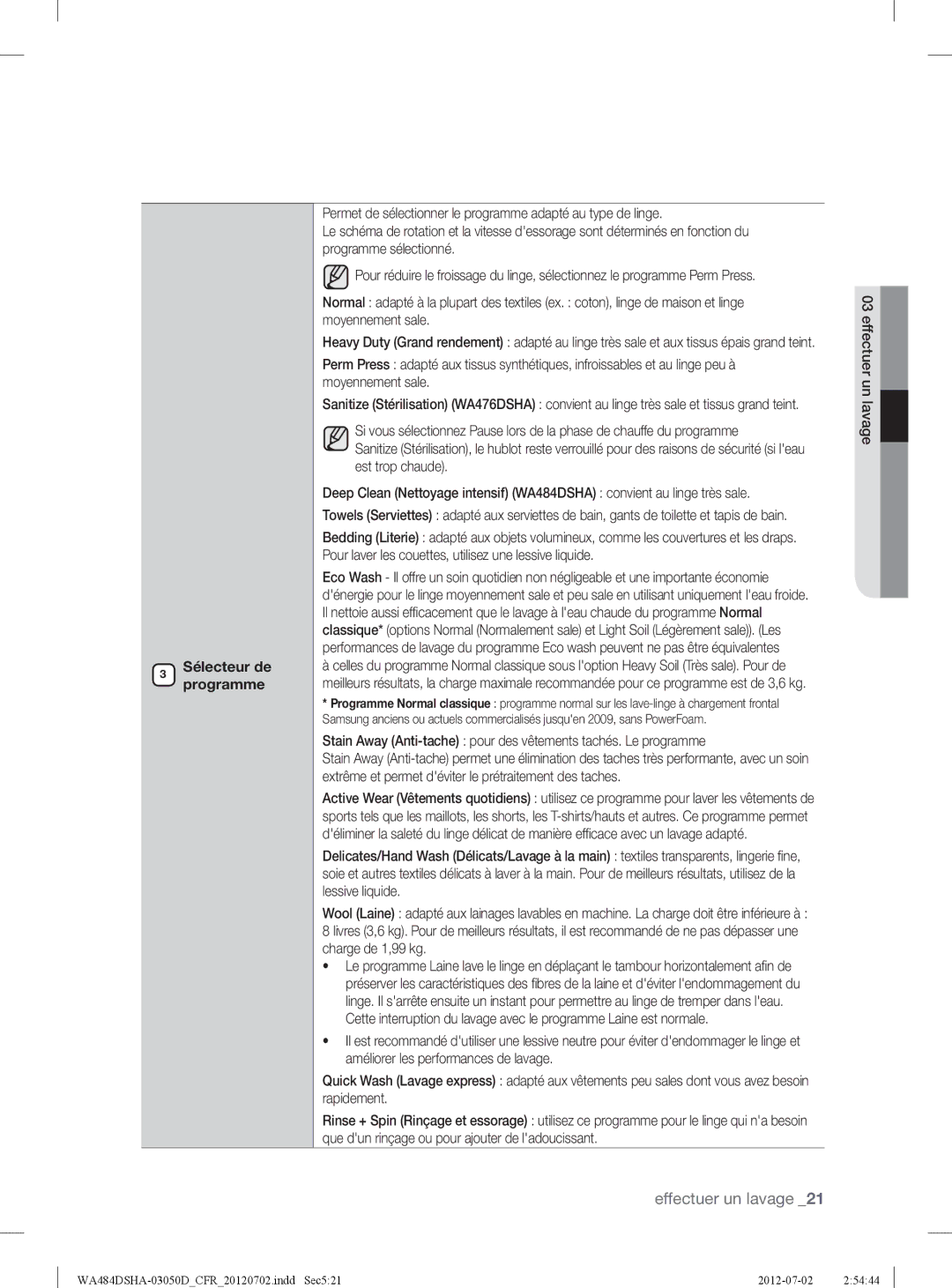 Samsung WA484DSHASU, WA484DSHAWR user manual Sélecteur de programme, Effectuer un lavage 