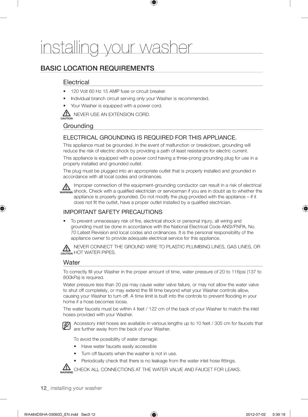 Samsung WA484DSHAWR, WA484DSHASU user manual Basic Location Requirements, Electrical, Grounding, Water 