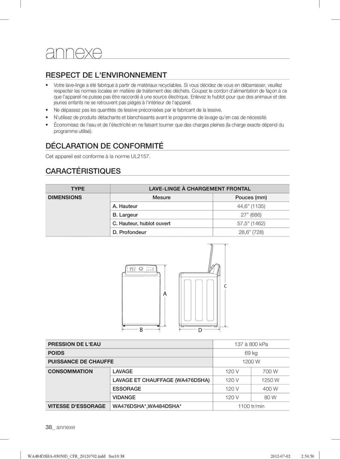 Samsung WA484DSHAWR, WA484DSHASU user manual Respect DE Lenvironnement, Déclaration DE Conformité, Caractéristiques 