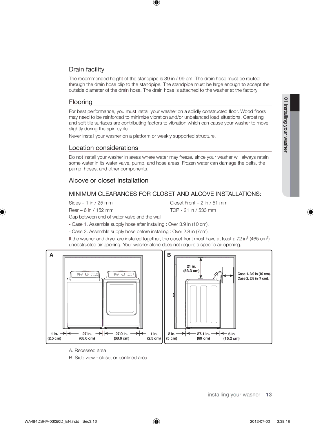 Samsung WA484DSHASU, WA484DSHAWR Drain facility, Flooring, Location considerations, Alcove or closet installation 