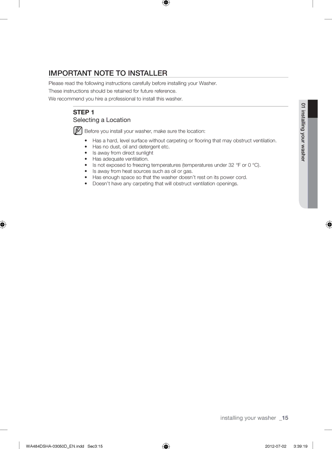 Samsung WA484DSHASU, WA484DSHAWR user manual Important Note to Installer, Selecting a Location 