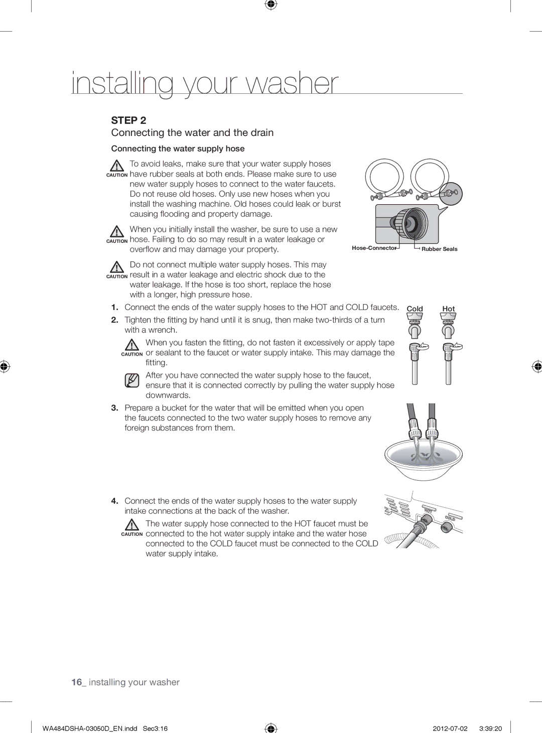 Samsung WA484DSHAWR, WA484DSHASU user manual Connecting the water and the drain, Connecting the water supply hose 