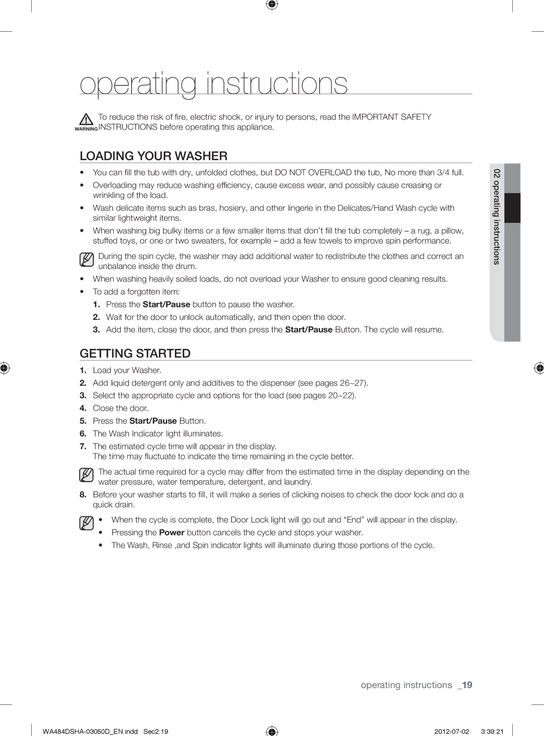 Samsung WA484DSHASU, WA484DSHAWR user manual Operating instructions, Loading Your Washer, Getting Started 