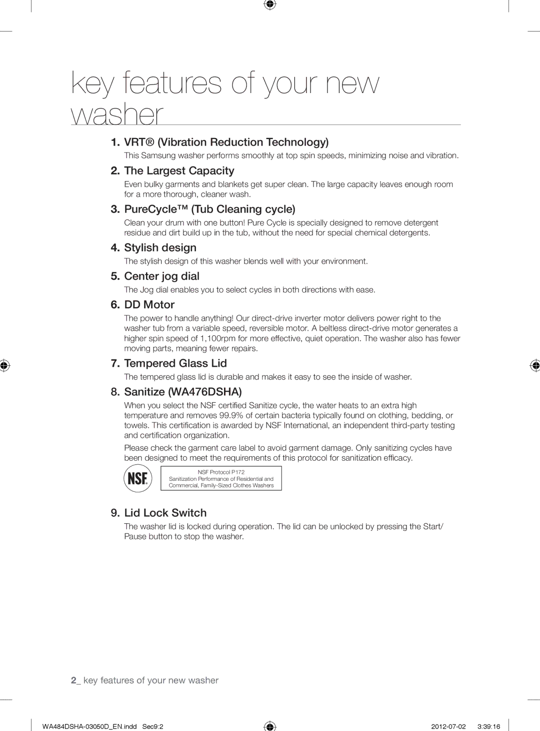 Samsung WA484DSHAWR, WA484DSHASU user manual Key features of your new washer 