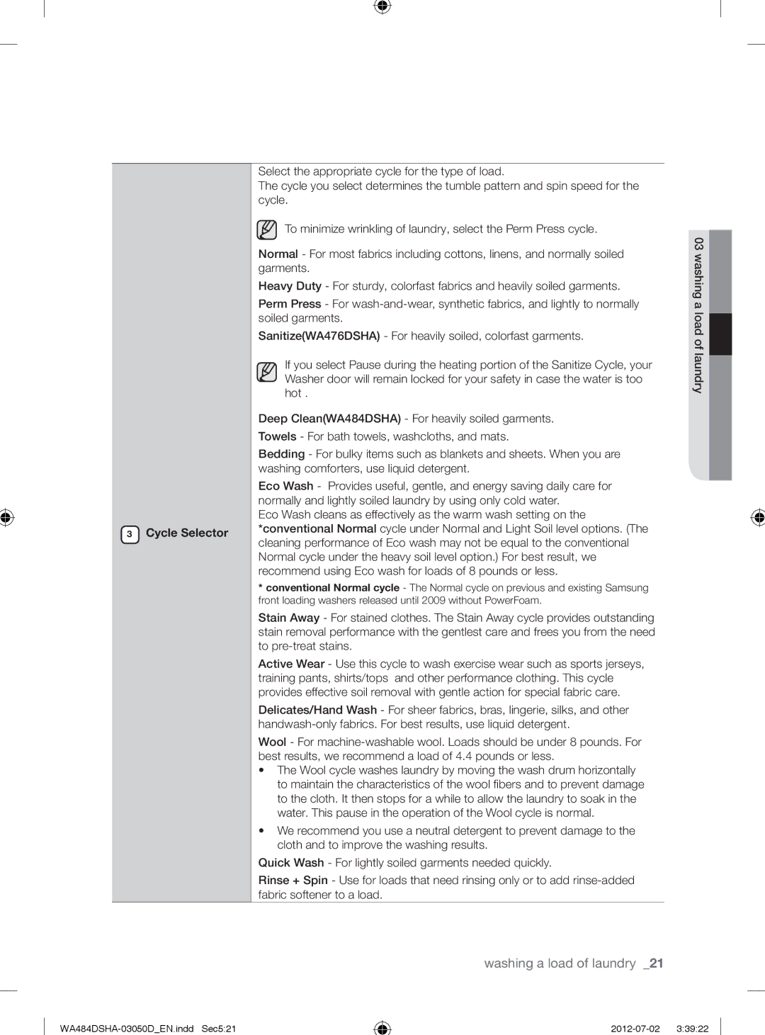 Samsung WA484DSHASU, WA484DSHAWR user manual Cycle Selector 