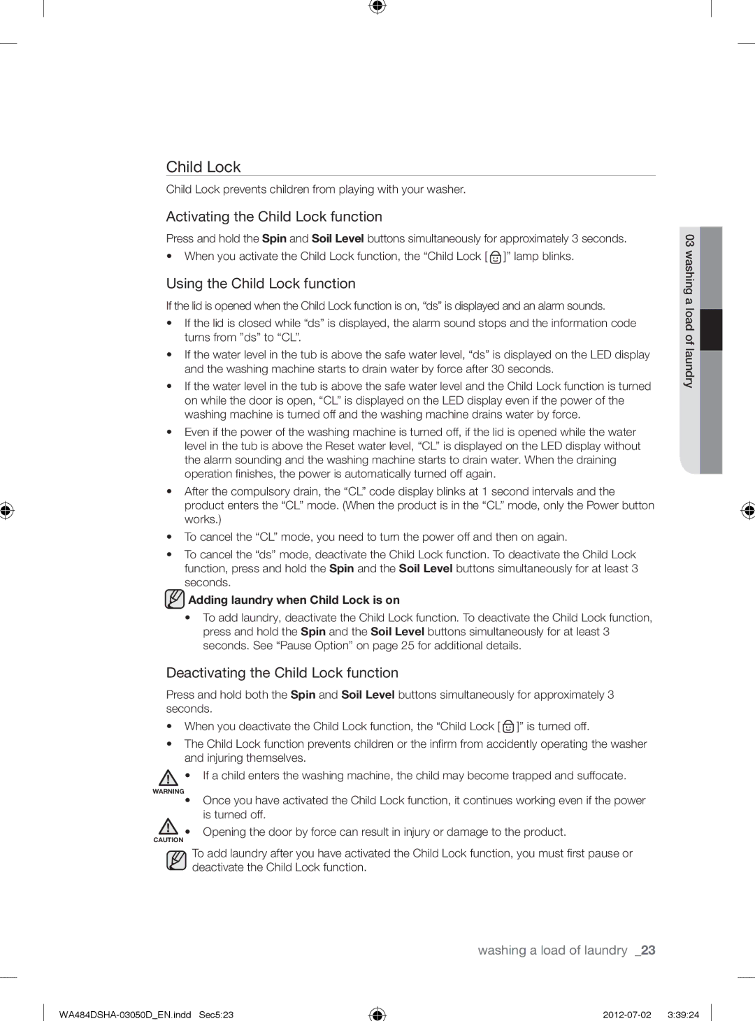 Samsung WA484DSHASU, WA484DSHAWR user manual Activating the Child Lock function, Using the Child Lock function 