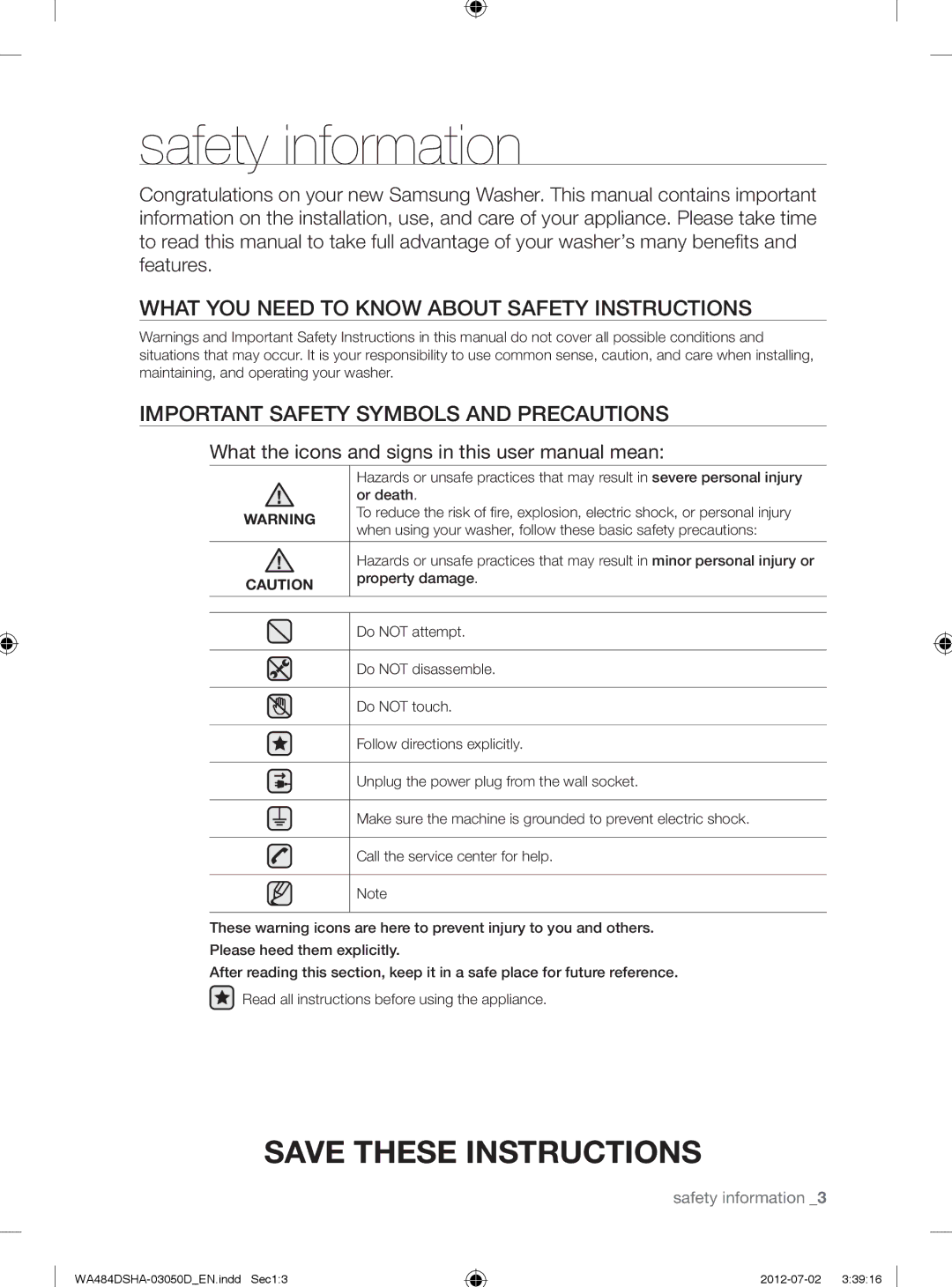 Samsung WA484DSHASU, WA484DSHAWR user manual Safety information, Or death, Property damage 