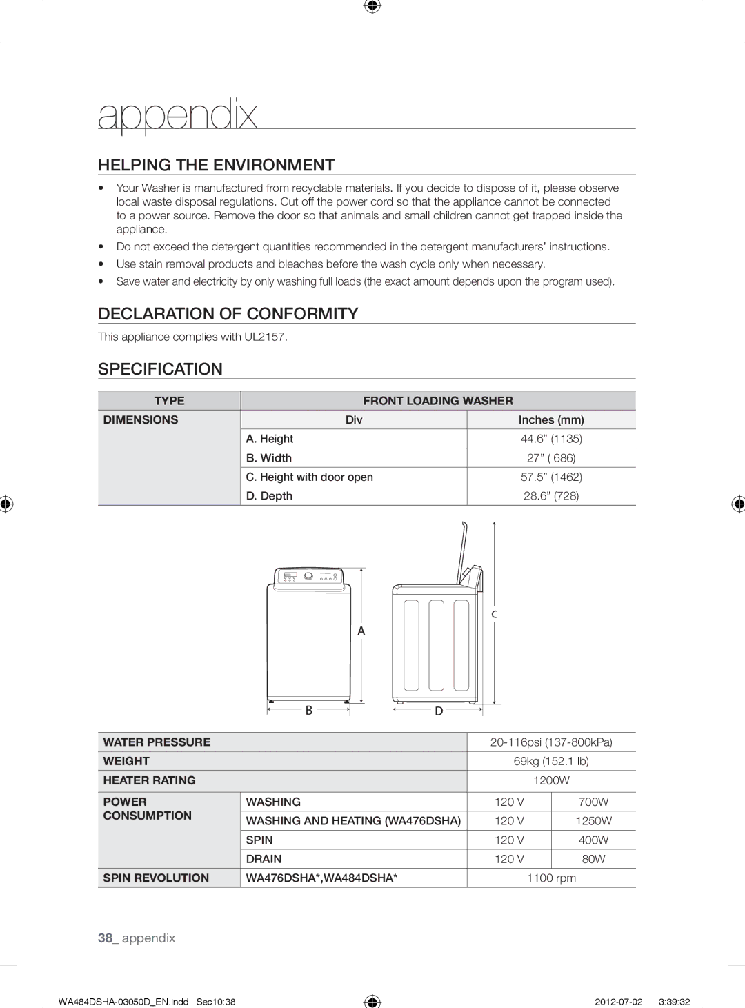 Samsung WA484DSHAWR, WA484DSHASU user manual Helping the Environment, Declaration of Conformity, Specification 