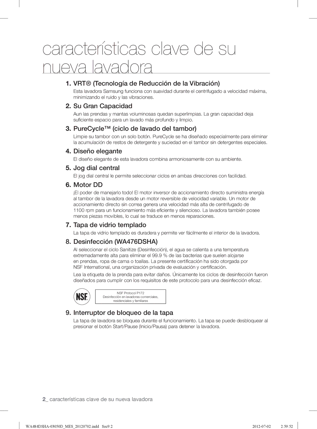 Samsung WA484DSHAWR, WA484DSHASU user manual Características clave de su nueva lavadora 