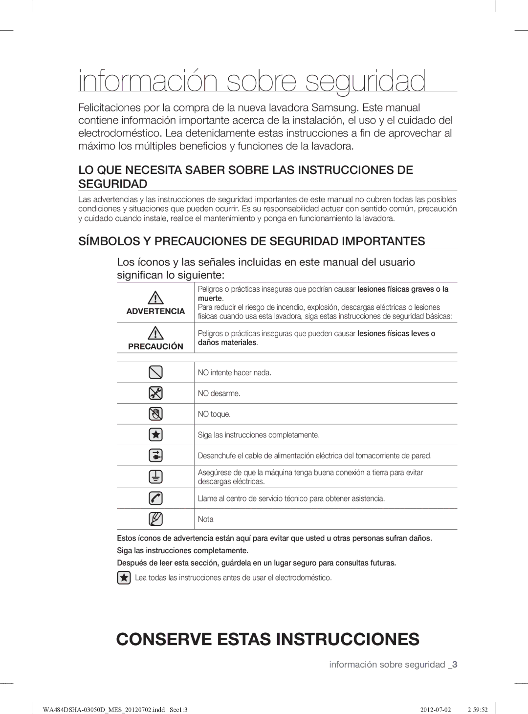 Samsung WA484DSHASU Información sobre seguridad, LO QUE Necesita Saber Sobre LAS Instrucciones DE Seguridad, Advertencia 