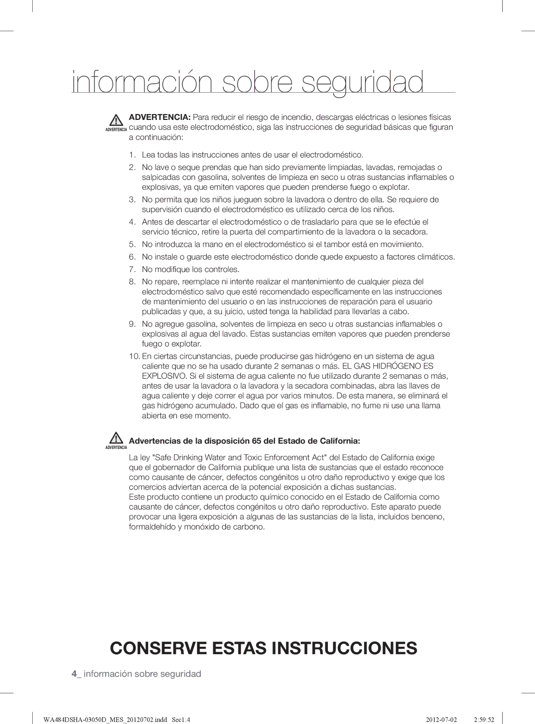 Samsung WA484DSHAWR, WA484DSHASU user manual Advertencias de la disposición 65 del Estado de California 