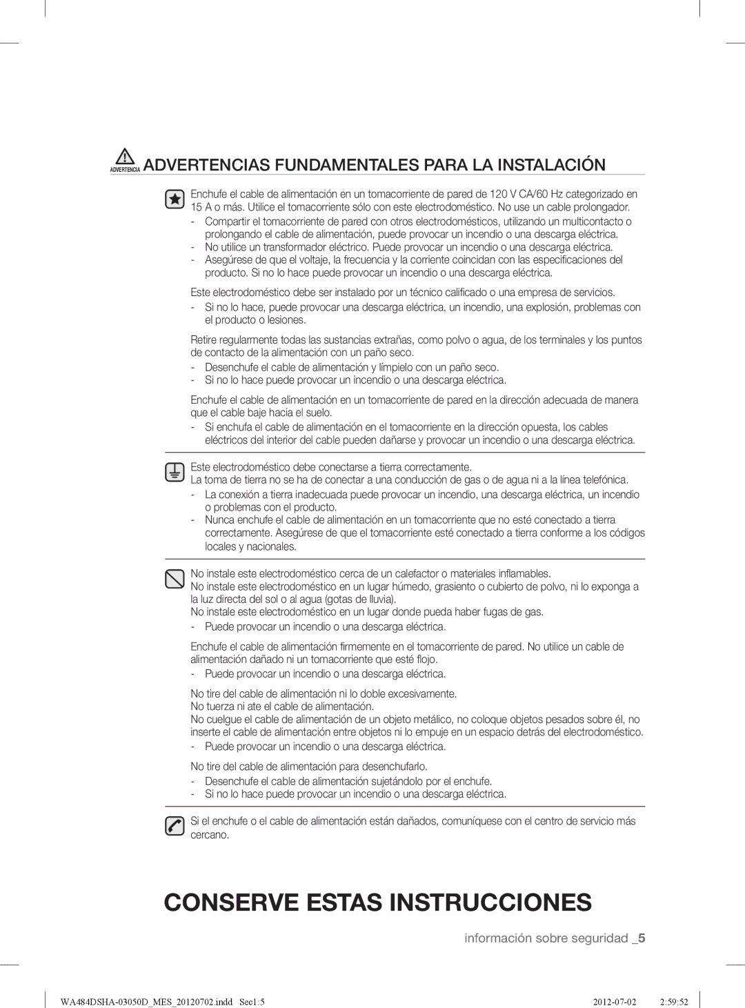 Samsung WA484DSHASU, WA484DSHAWR user manual Advertencia Advertencias Fundamentales Para LA Instalación 