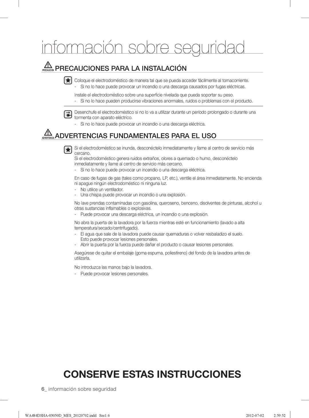 Samsung WA484DSHAWR Precaución Precauciones Para LA Instalación, Advertencia Advertencias Fundamentales Para EL USO 