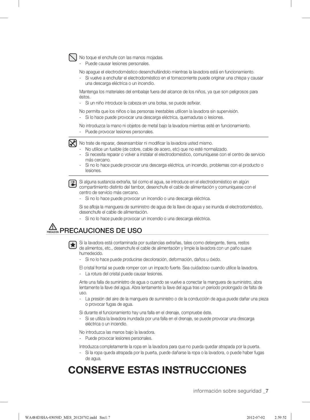 Samsung WA484DSHASU, WA484DSHAWR user manual Precaución Precauciones DE USO 