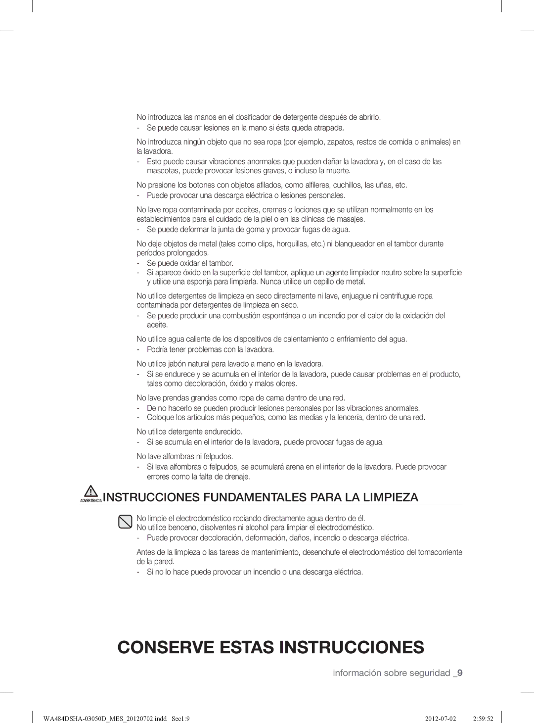 Samsung WA484DSHASU, WA484DSHAWR user manual Advertencia Instrucciones Fundamentales Para LA Limpieza 