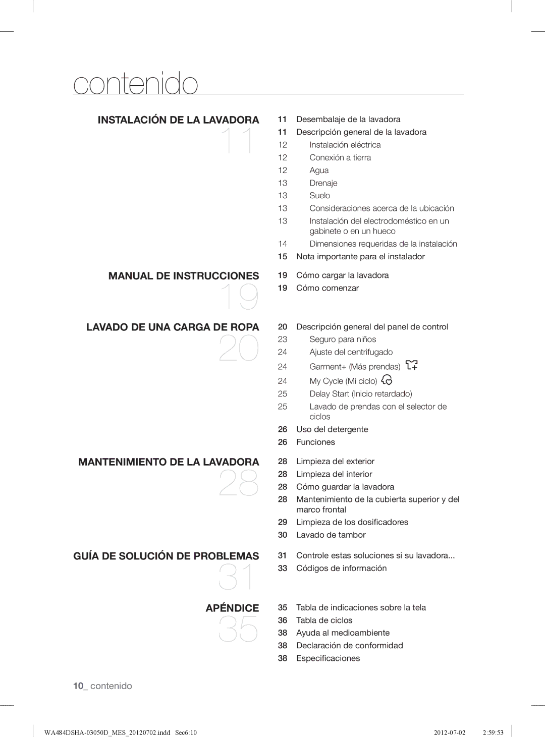 Samsung WA484DSHAWR, WA484DSHASU user manual Contenido 