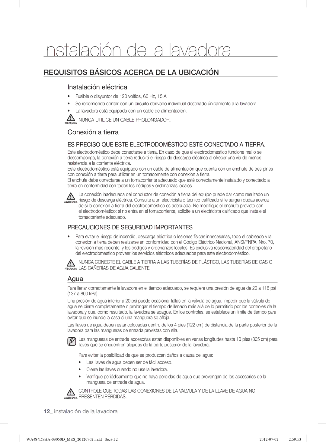 Samsung WA484DSHAWR, WA484DSHASU Requisitos Básicos Acerca DE LA Ubicación, Instalación eléctrica, Conexión a tierra, Agua 