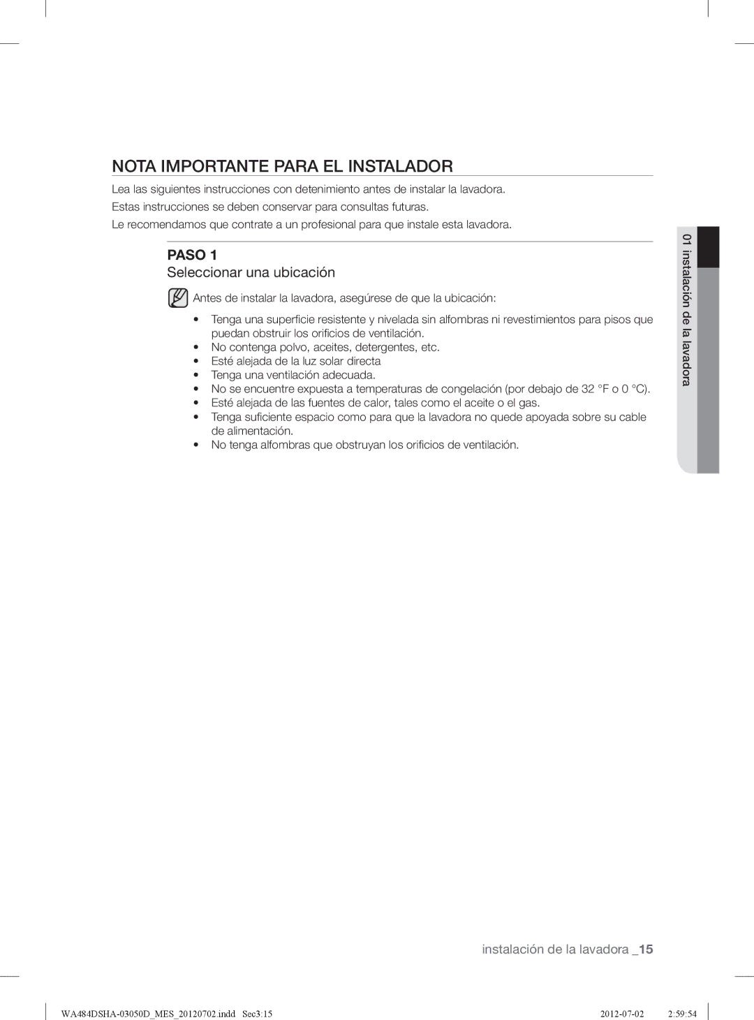 Samsung WA484DSHASU, WA484DSHAWR user manual Nota Importante Para EL Instalador, Seleccionar una ubicación 