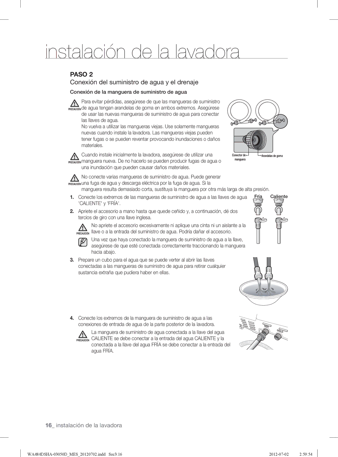 Samsung WA484DSHAWR, WA484DSHASU user manual Conexión del suministro de agua y el drenaje 