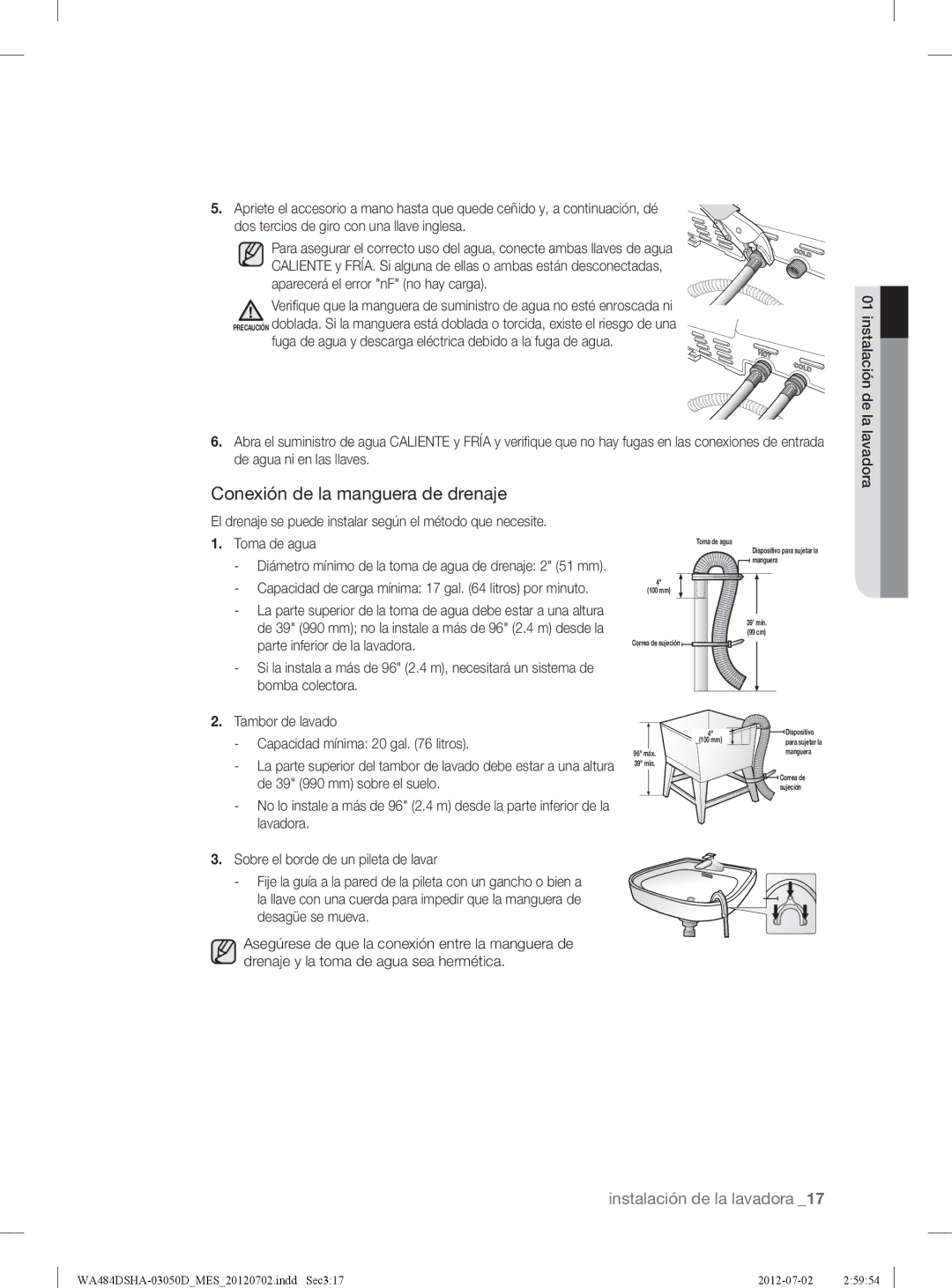 Samsung WA484DSHASU, WA484DSHAWR user manual Conexión de la manguera de drenaje 