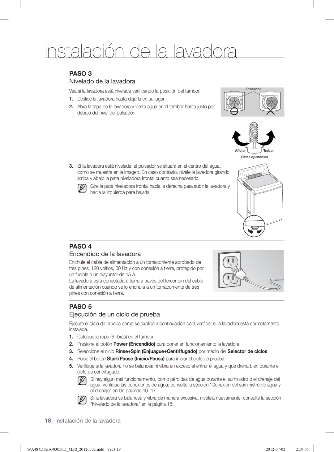 Samsung WA484DSHAWR, WA484DSHASU Nivelado de la lavadora, Encendido de la lavadora, Ejecución de un ciclo de prueba 