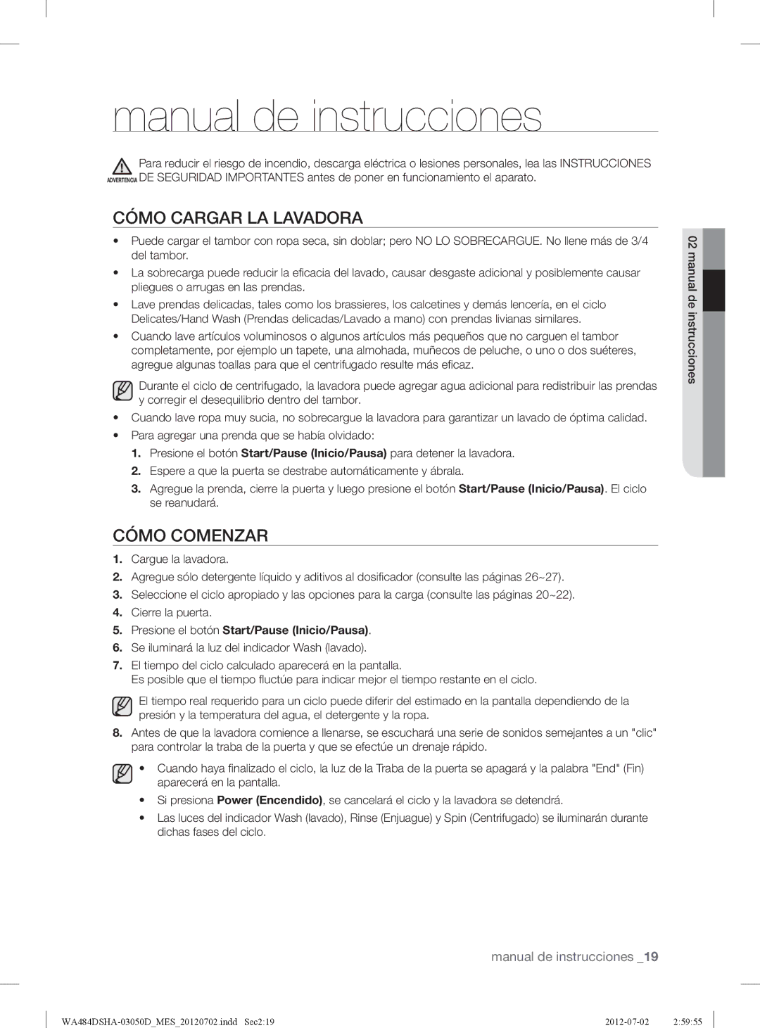 Samsung WA484DSHASU, WA484DSHAWR user manual Manual de instrucciones, Cómo Cargar LA Lavadora, Cómo Comenzar 