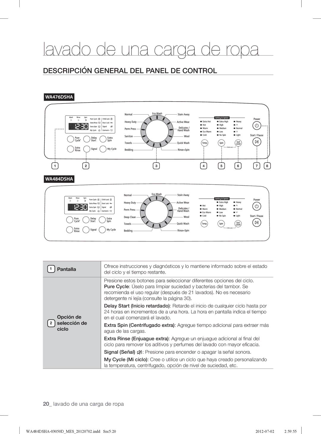 Samsung WA484DSHAWR, WA484DSHASU user manual Lavado de una carga de ropa, Descripción General DEL Panel DE Control 