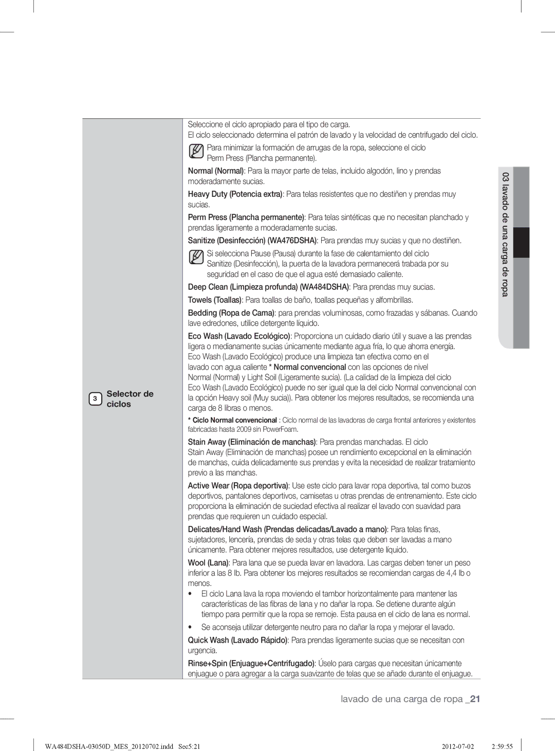 Samsung WA484DSHASU Selector de ciclos, Seleccione el ciclo apropiado para el tipo de carga, Lavado de una carga de ropa 