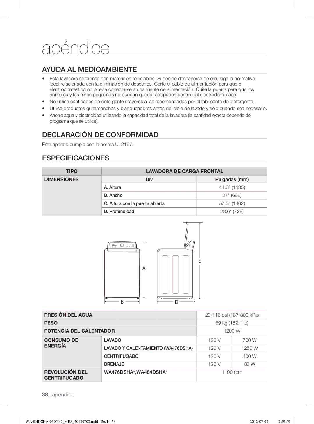 Samsung WA484DSHAWR, WA484DSHASU user manual Ayuda AL Medioambiente, Declaración DE Conformidad, Especificaciones 