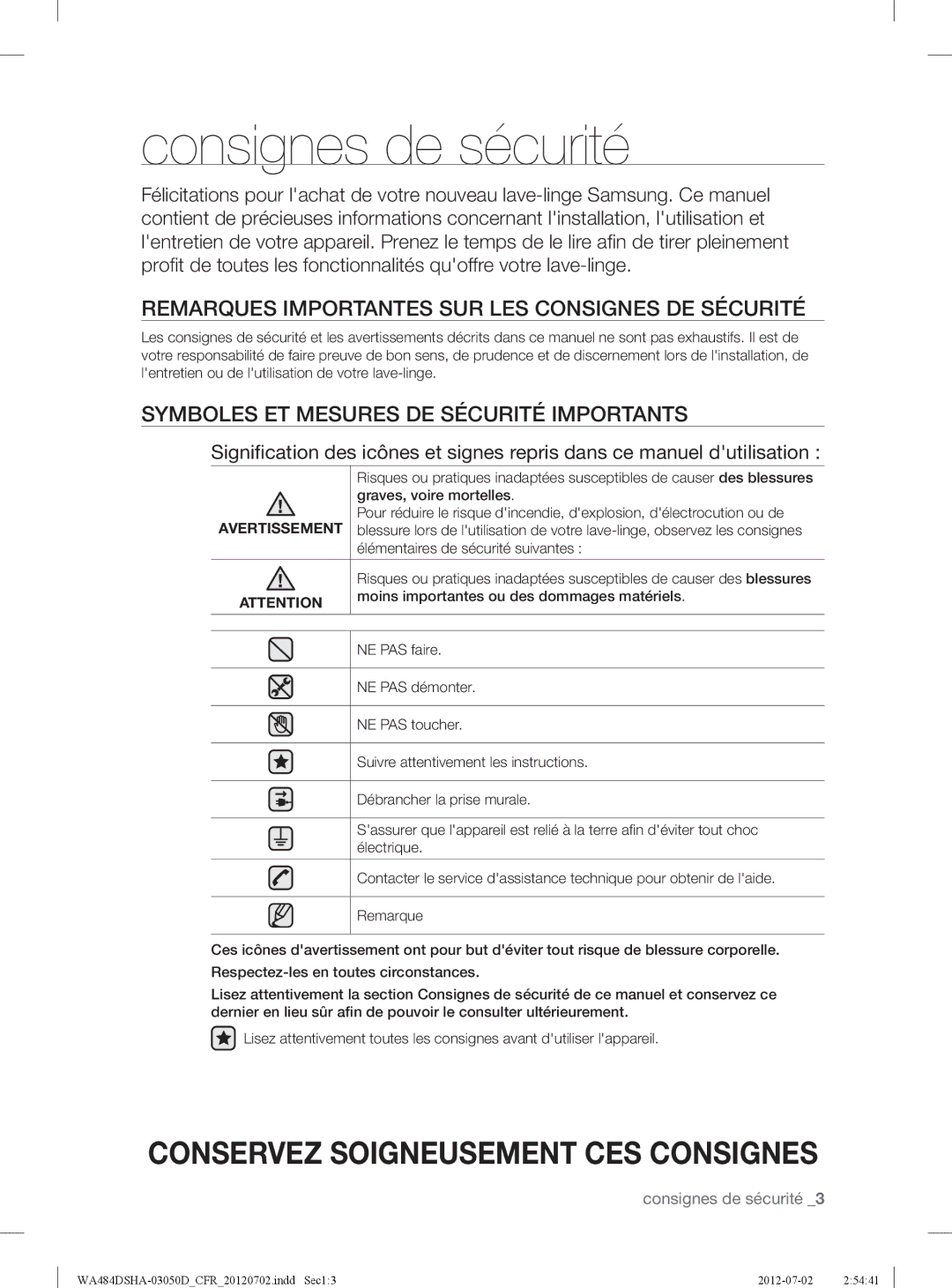 Samsung WA484DSHASU, WA484DSHAWR user manual Consignes de sécurité, Remarques Importantes SUR LES Consignes DE Sécurité 