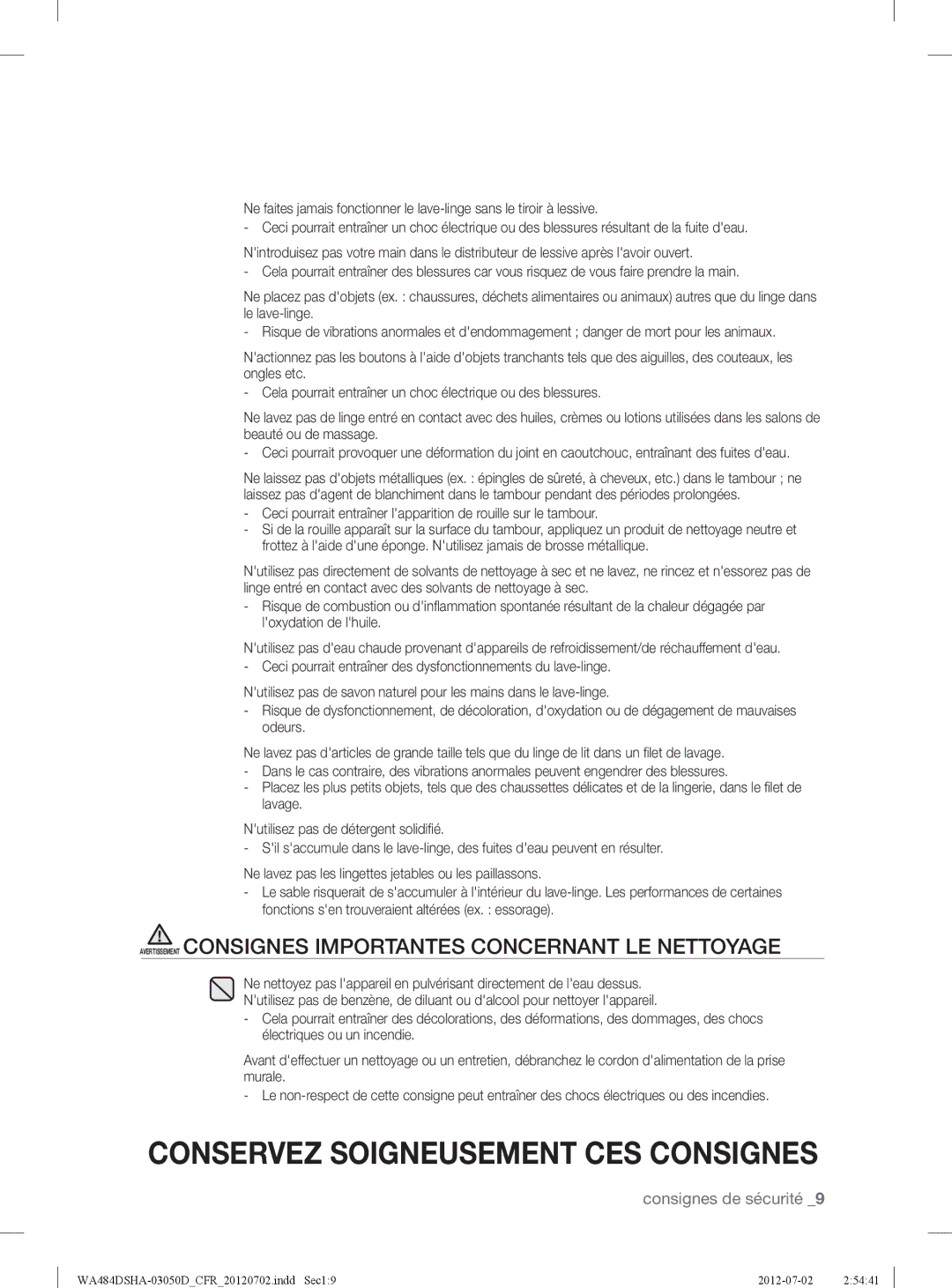 Samsung WA484DSHASU, WA484DSHAWR user manual Avertissement Consignes Importantes Concernant LE Nettoyage 