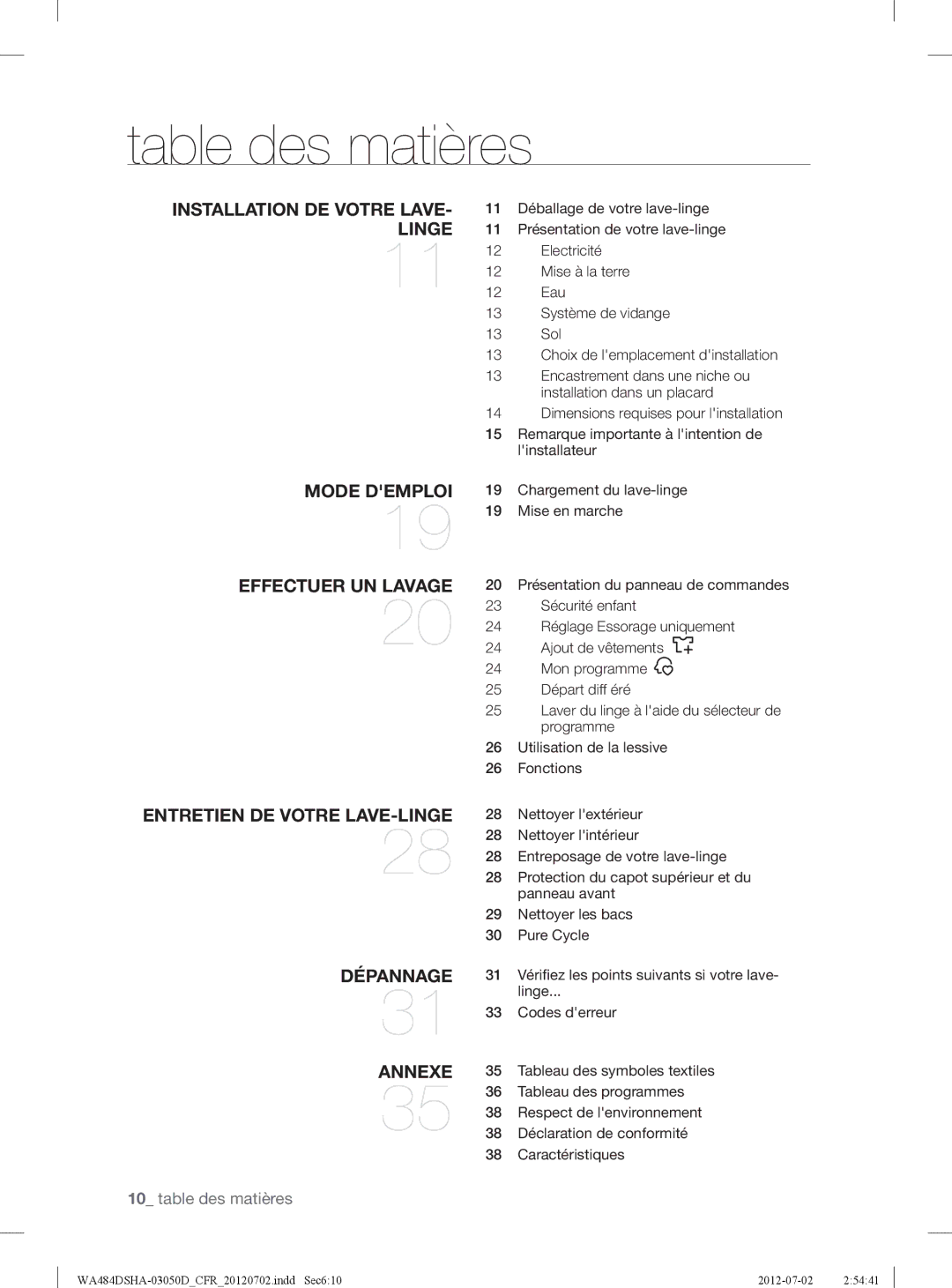 Samsung WA484DSHAWR, WA484DSHASU user manual Table des matières 