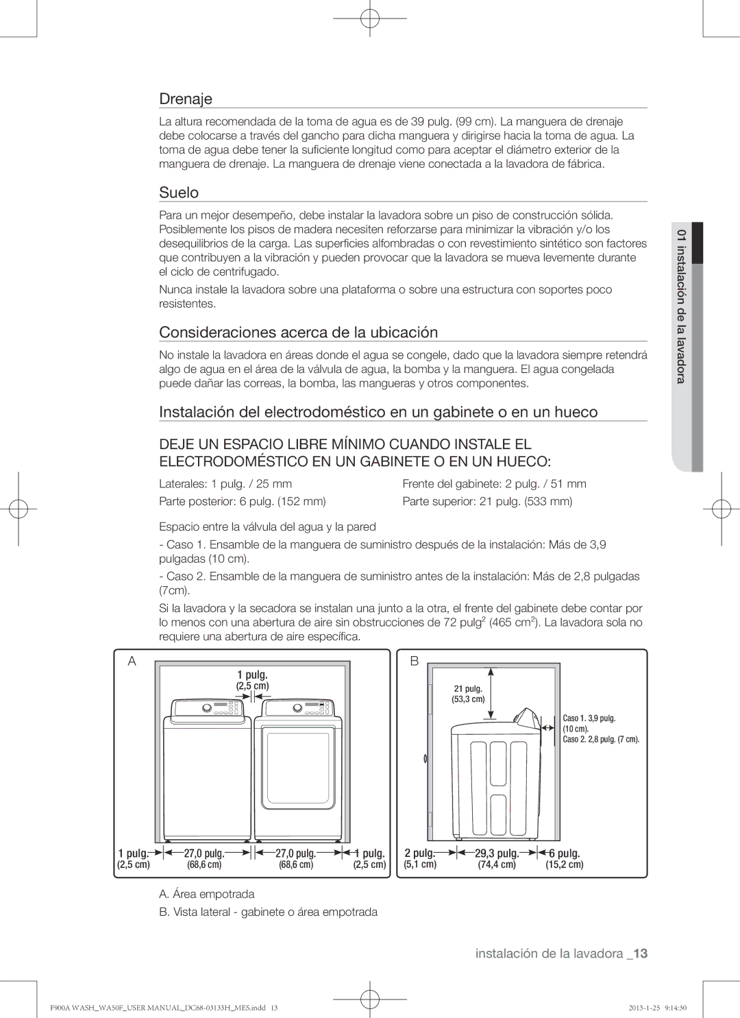 Samsung WA50F9A6DSW user manual Drenaje, Suelo, Consideraciones acerca de la ubicación, Laterales 1 pulg. / 25 mm 