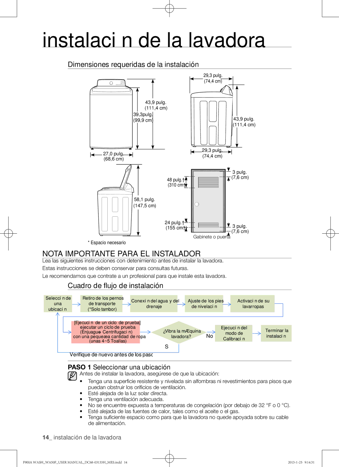 Samsung WA50F9A6DSW user manual Nota importante para el instalador, Dimensiones requeridas de la instalación 