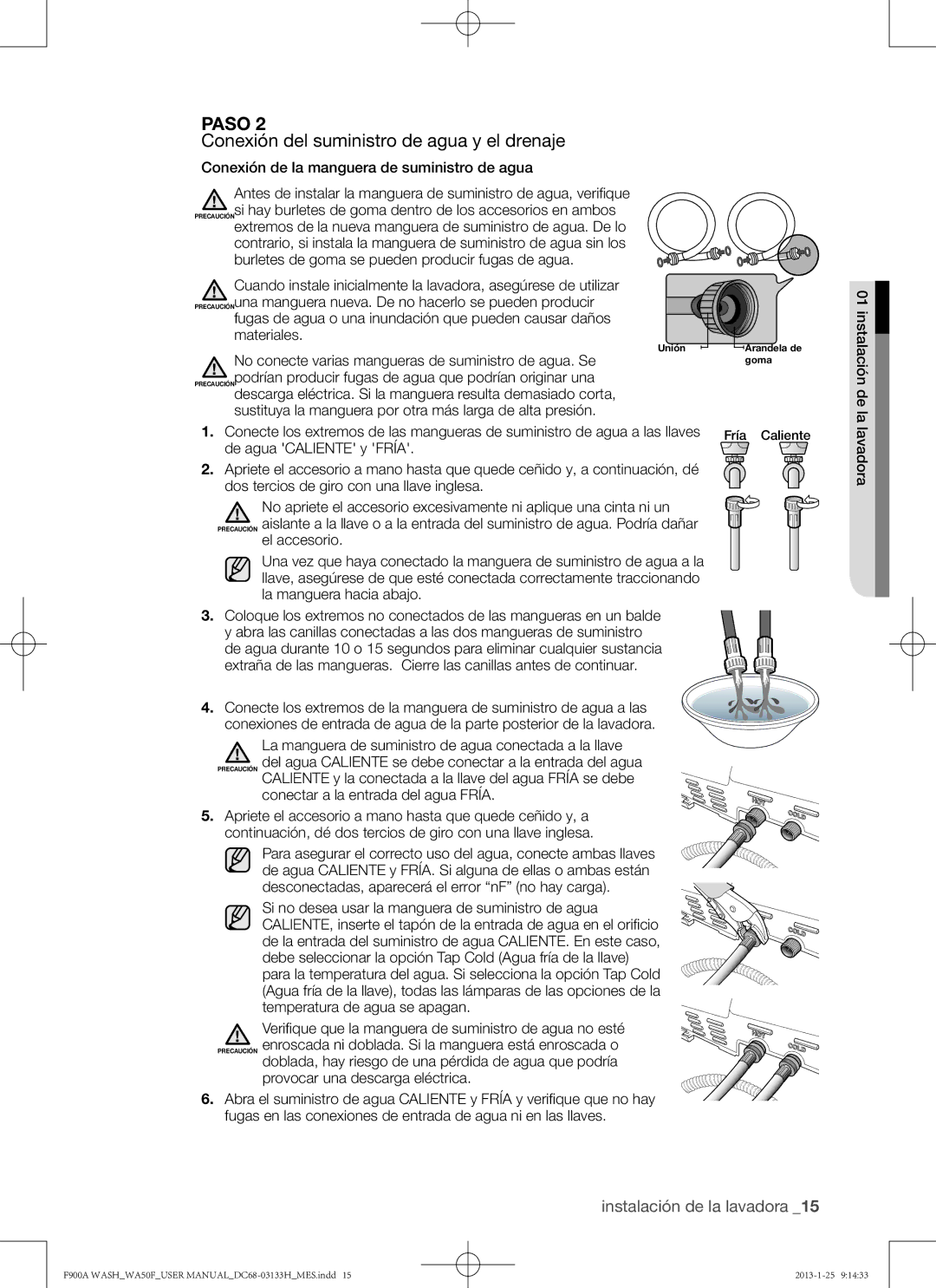 Samsung WA50F9A6DSW user manual Conexión del suministro de agua y el drenaje 