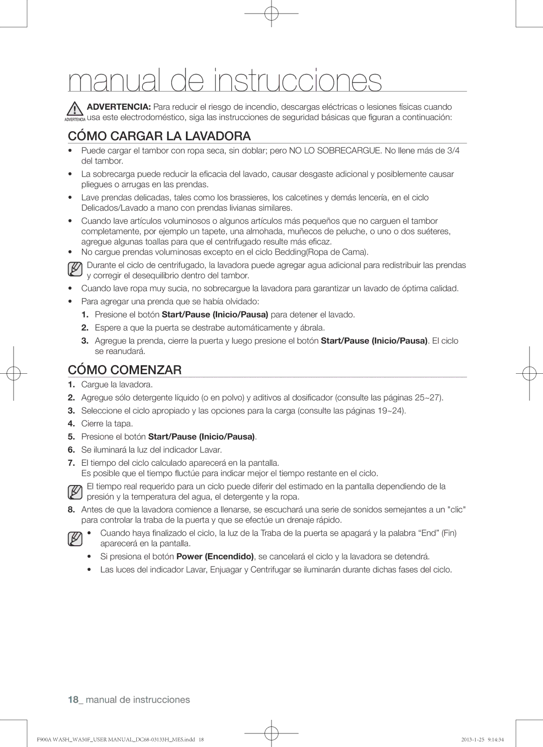 Samsung WA50F9A6DSW user manual Manual de instrucciones, Cómo cargar la lavadora, Cómo comenzar 