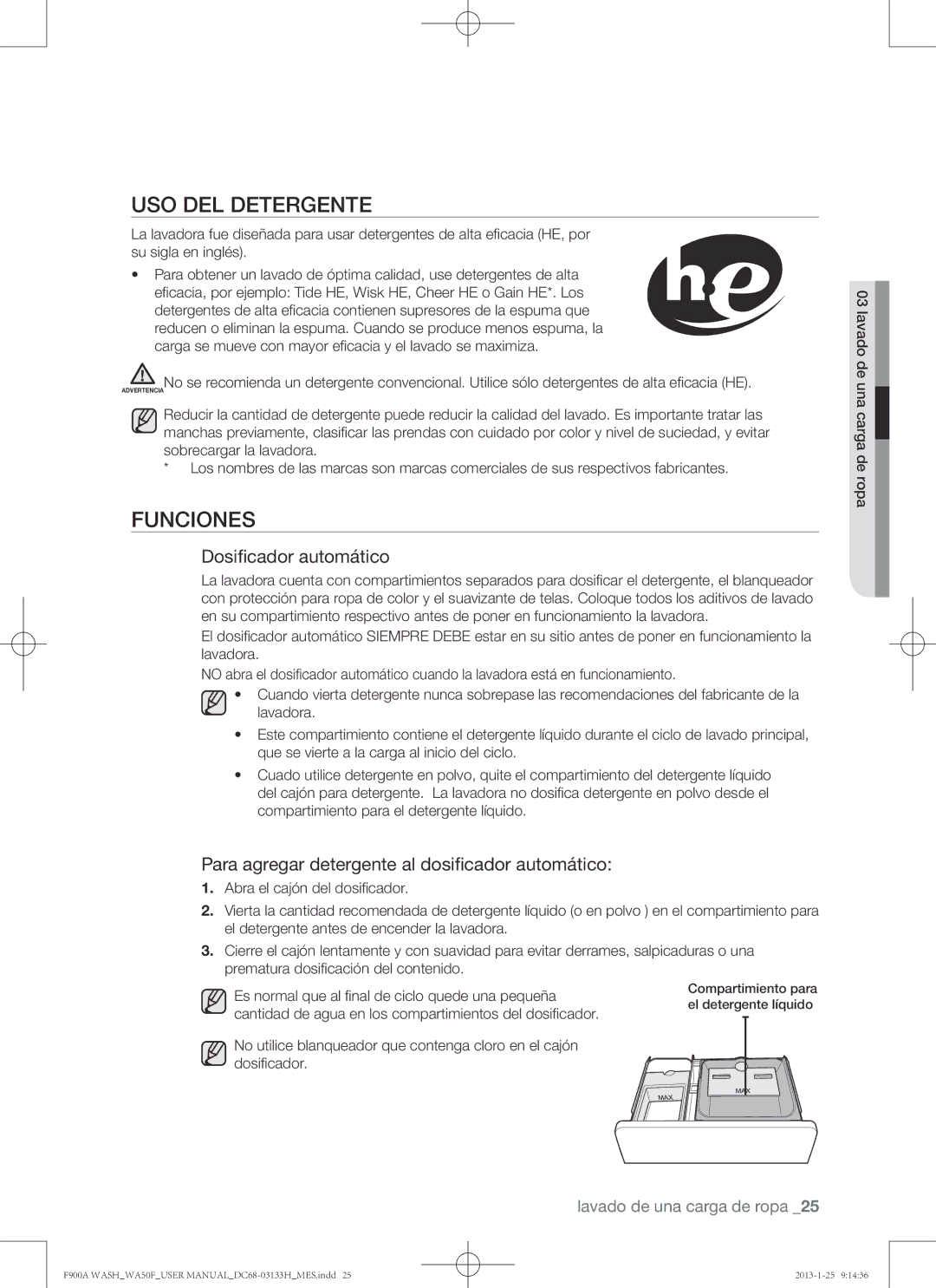 Samsung WA50F9A6DSW user manual Uso del detergente, Funciones, Dosificador automático 