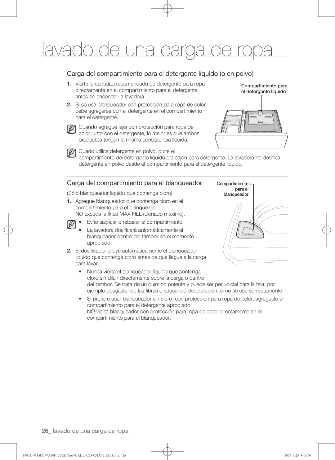 Samsung WA50F9A6DSW user manual Carga del compartimiento para el blanqueador 