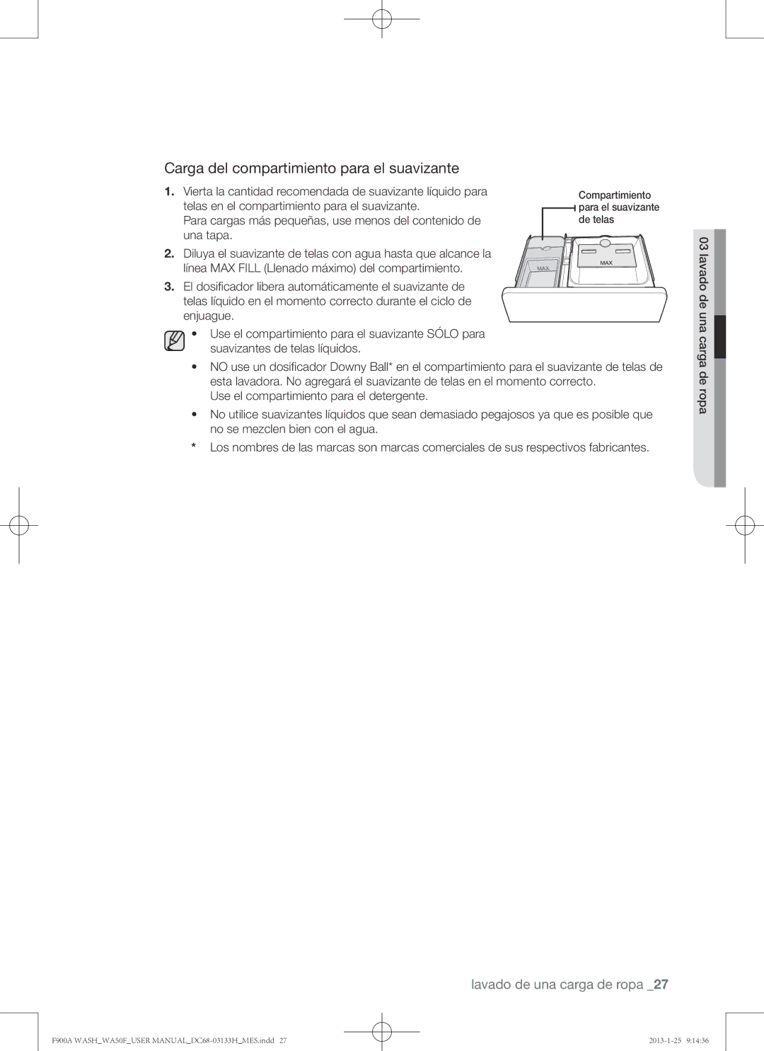 Samsung WA50F9A6DSW user manual Carga del compartimiento para el suavizante, Carga de ropa 