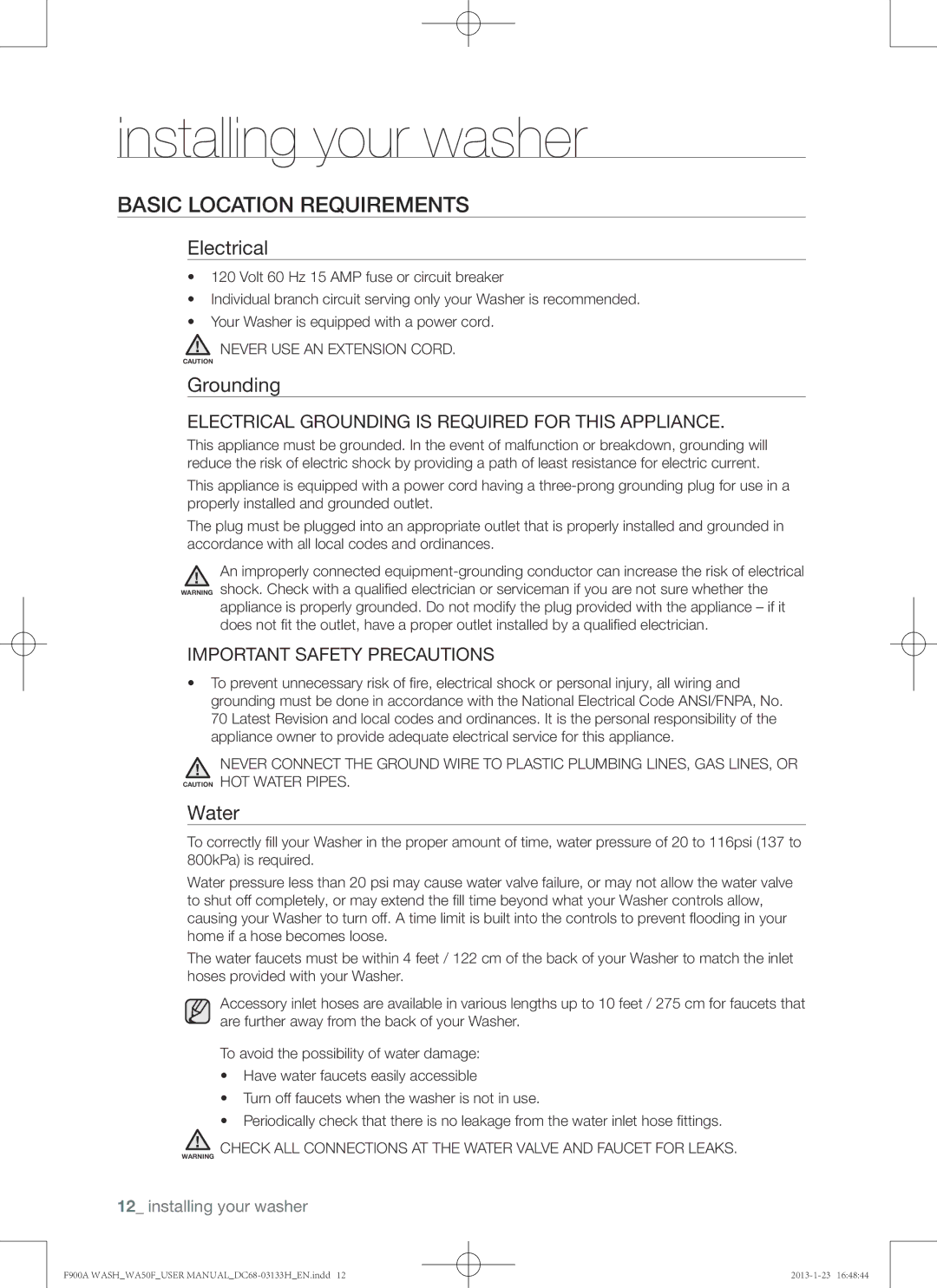 Samsung WA50F9A6DSW user manual Basic location requirements, Electrical, Grounding, Water 