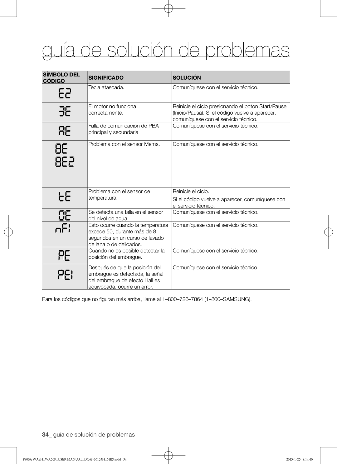 Samsung WA50F9A6DSW user manual 34 guía de solución de problemas 