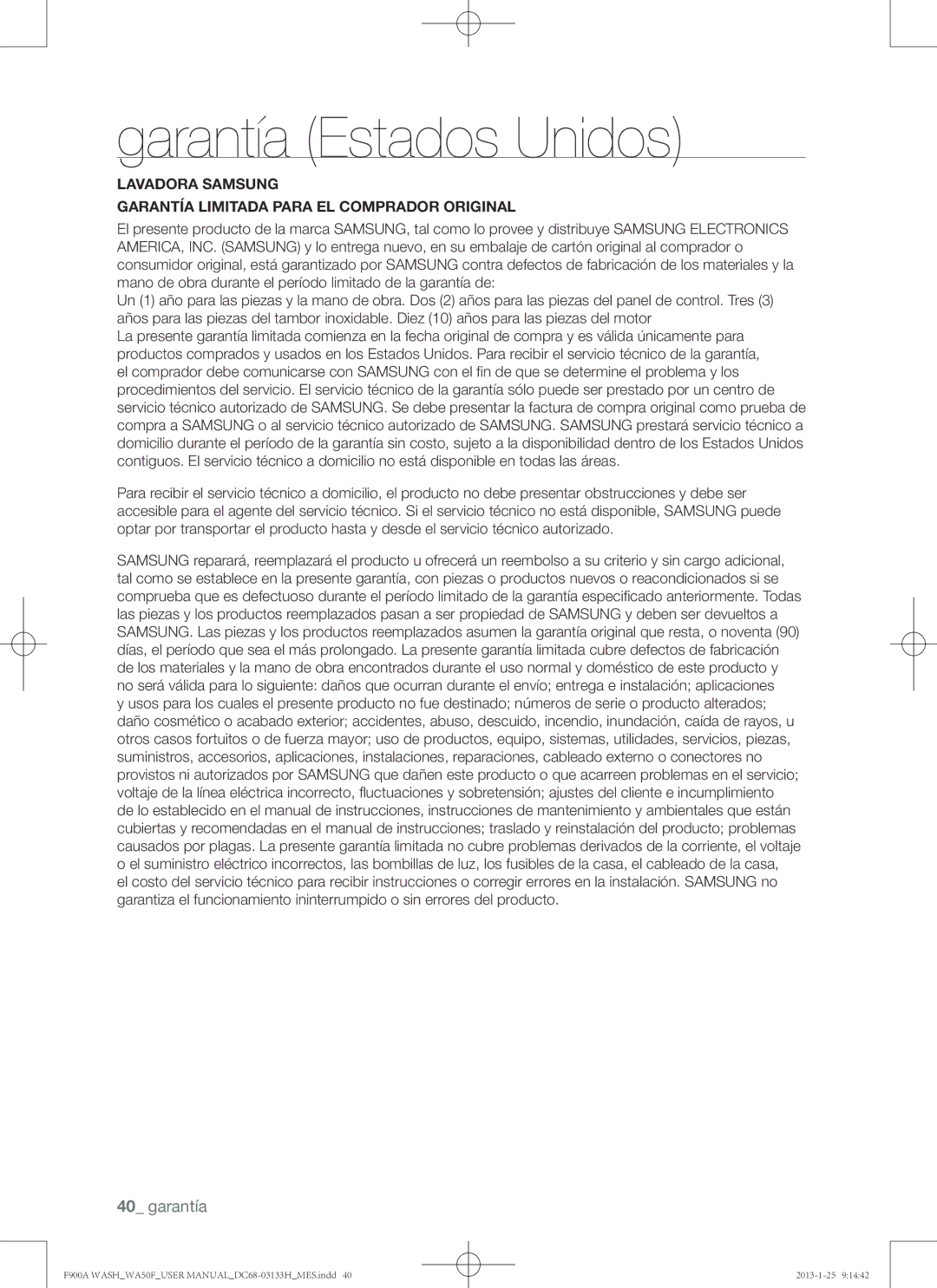 Samsung WA50F9A6DSW user manual Garantía Estados Unidos 