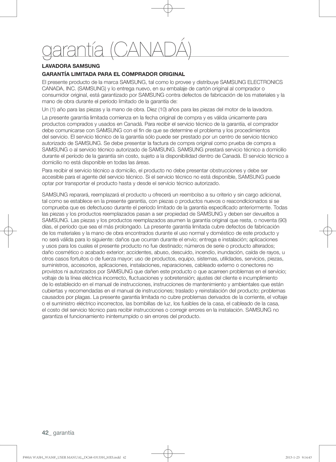 Samsung WA50F9A6DSW user manual Garantía Canadá 