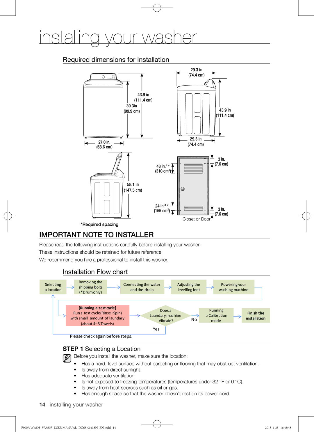 Samsung WA50F9A6DSW user manual Important note to installer, Required dimensions for Installation, Installation Flow chart 