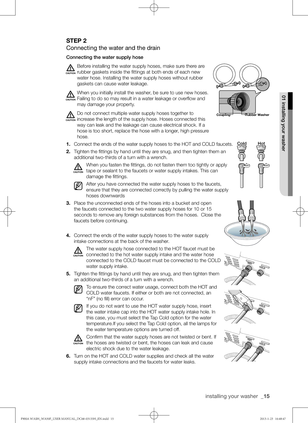 Samsung WA50F9A6DSW user manual Connecting the water and the drain, Connecting the water supply hose 