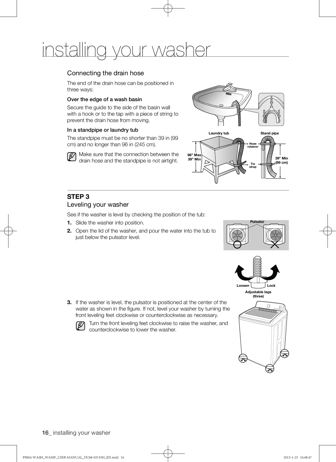 Samsung WA50F9A6DSW user manual Connecting the drain hose, Leveling your washer 