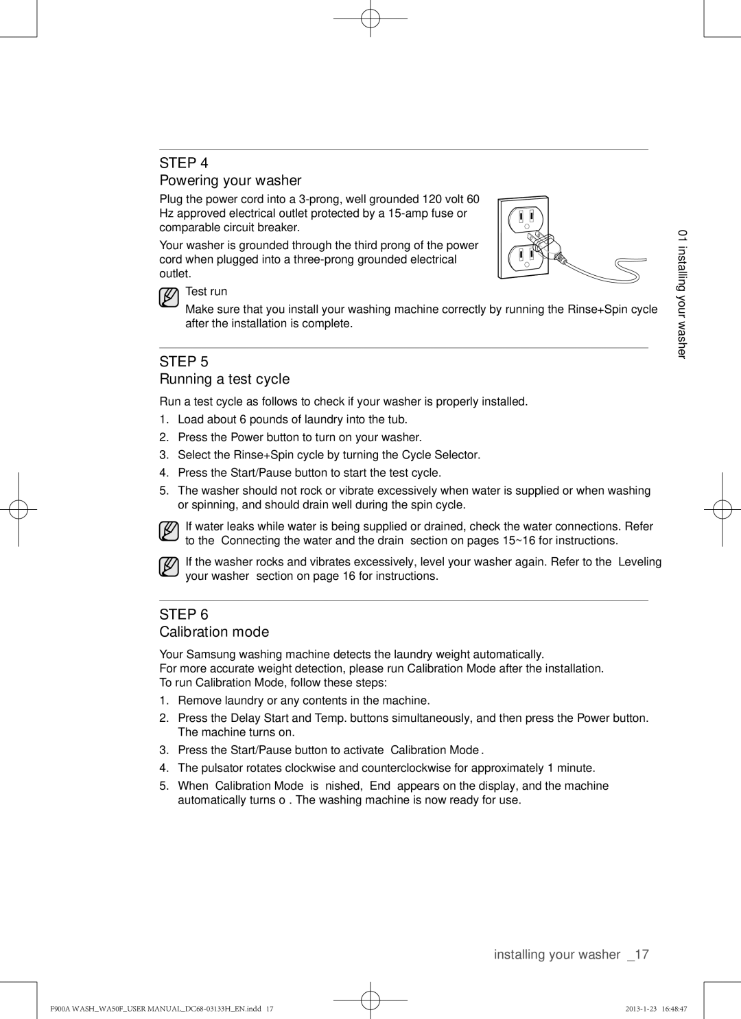 Samsung WA50F9A6DSW user manual Powering your washer, Running a test cycle, Calibration mode 