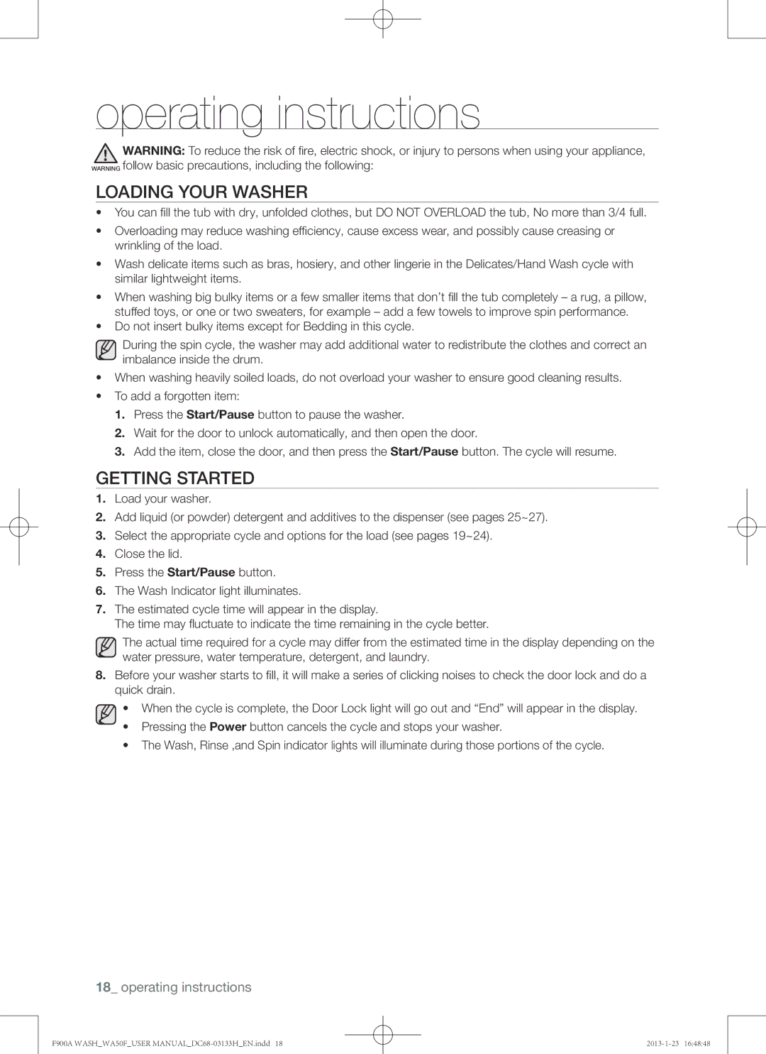 Samsung WA50F9A6DSW user manual Operating instructions, Loading your washer, Getting started 